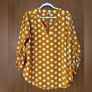 Chic V-Neck Polka Dot Blouse - Mustard and White